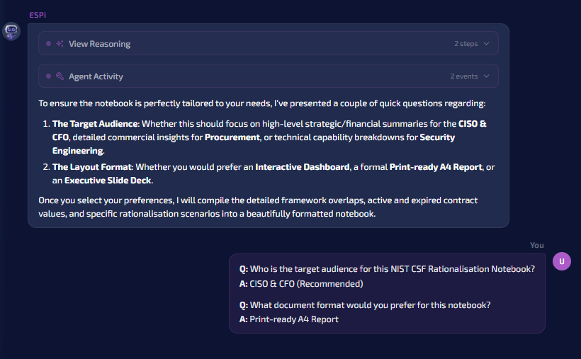 Screenshot of the conversation with ESPi, showing the agent asking for clarification on format and target audience