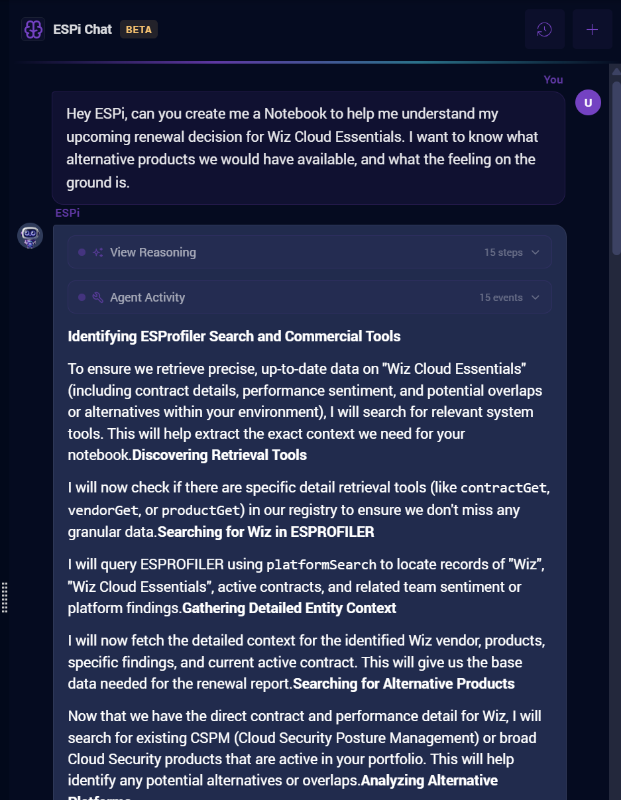 Screenshot of a request to ESPi, where it provides full explanation of the thinking and actions it's taking